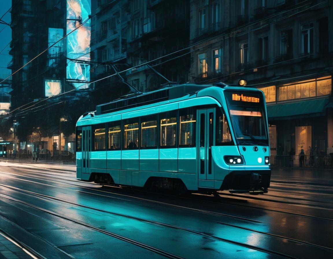 Neon Tram Illuminates City Nightscape