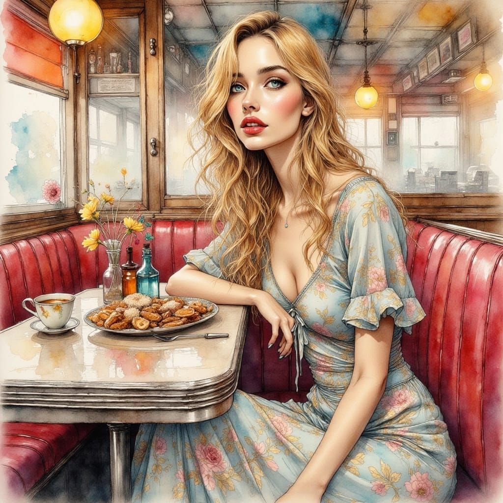Retro Diner Woman: Ink Drawing in James Jean Style