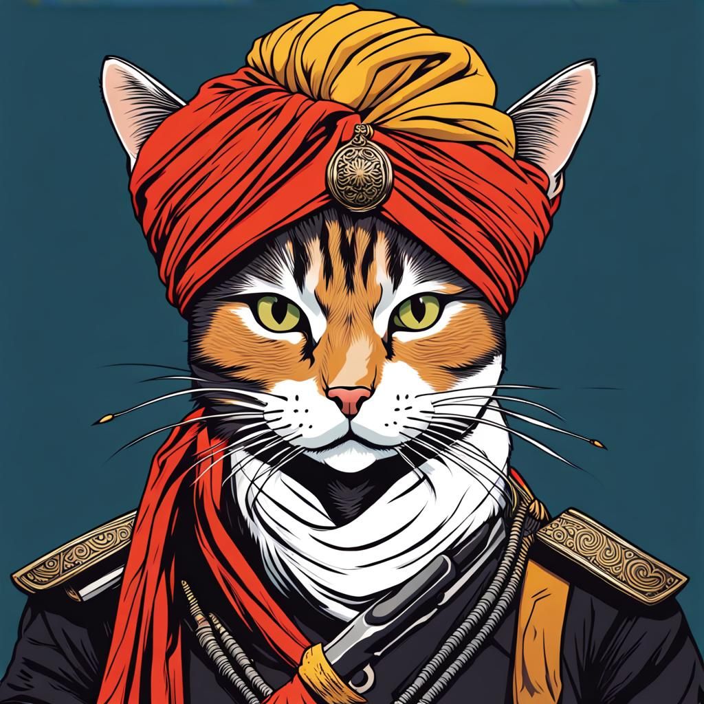Asian Brigand Cat Illustration with Black Turban