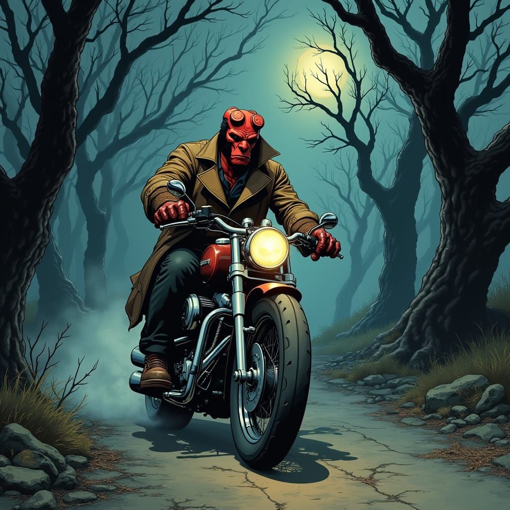 Hellboy on Harley Davidson, Gothic Noir Style