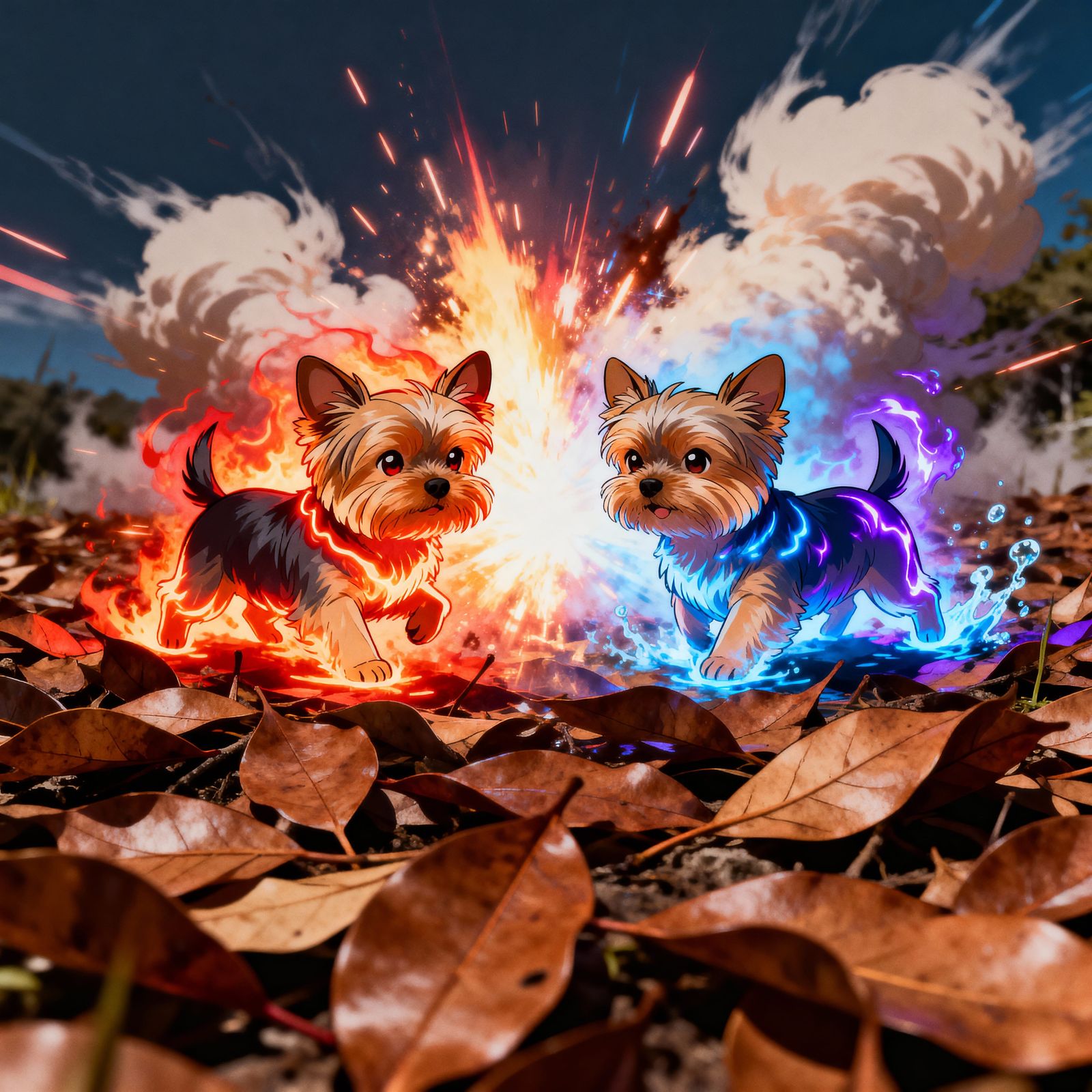 Yorkies Clash with Magical Energy in Shonen Anime Style