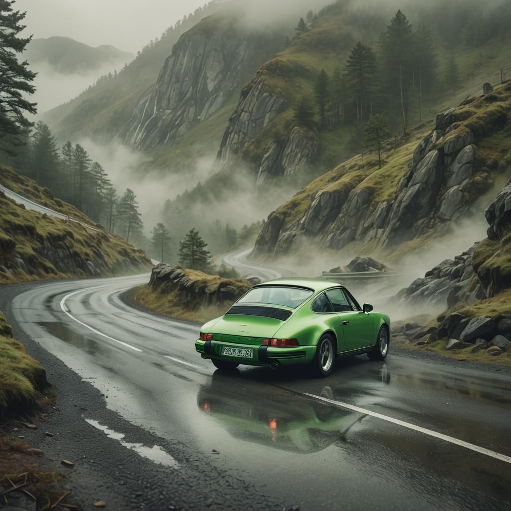 Vintage Porsche 911 on Misty Mountain Road