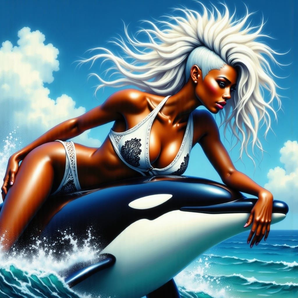 <lora:Beautiful women:1.0> Beautiful black woman with white mohawk hair style wearing a white with black swirls bikini r...