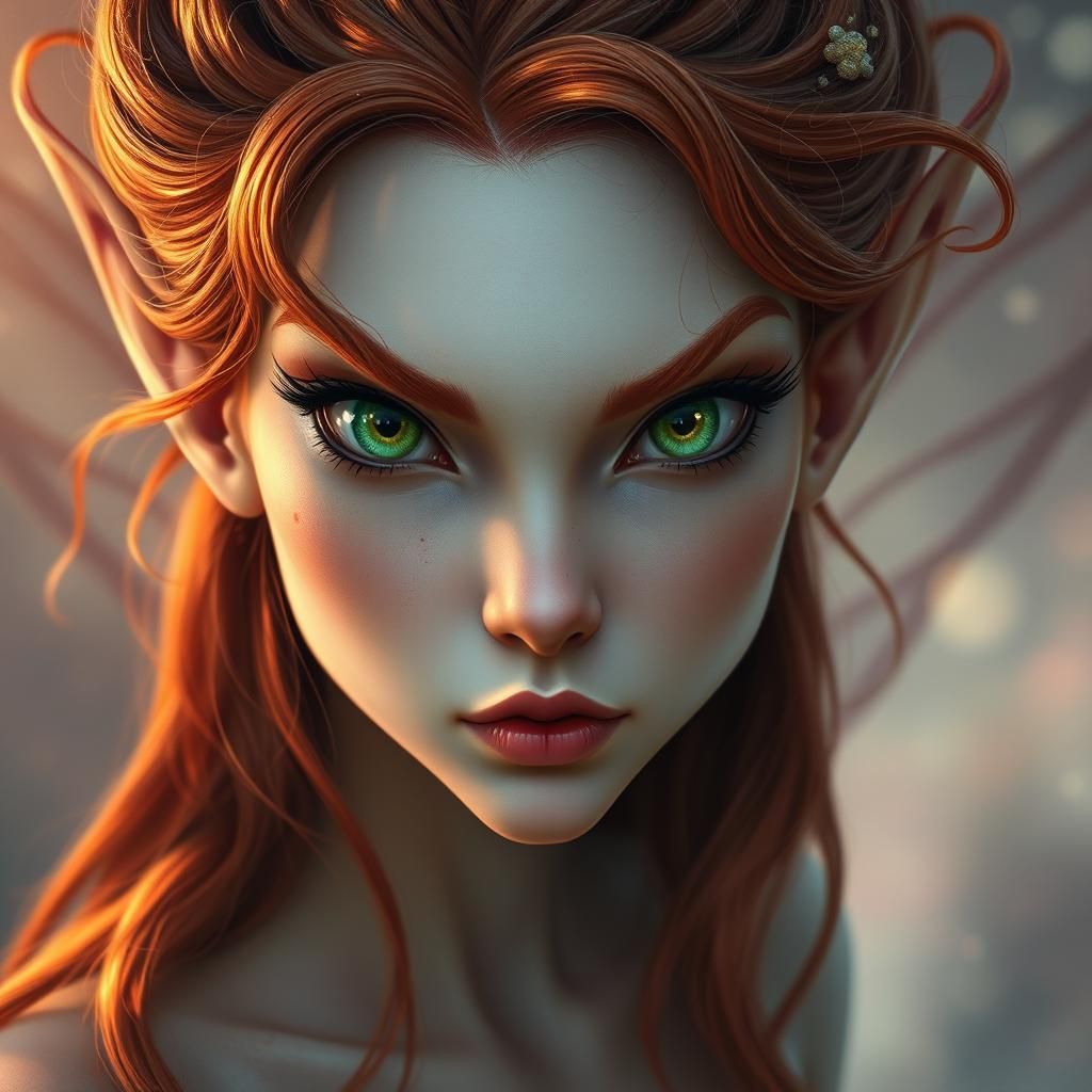 Vibrant Fairy Face with Copper Hair and Emerald Eyes