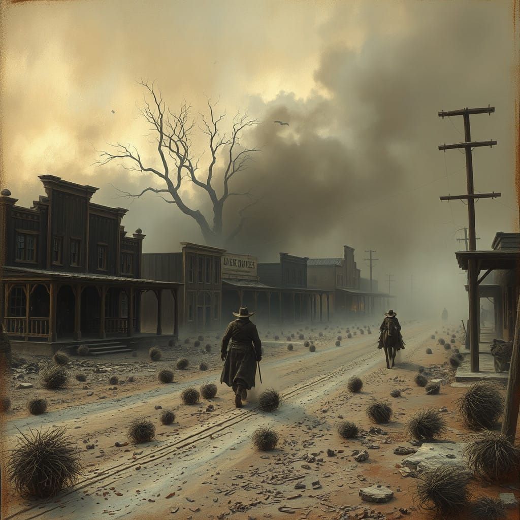 Eerie Old West Landscape with Tumbleweeds and Abandoned Town