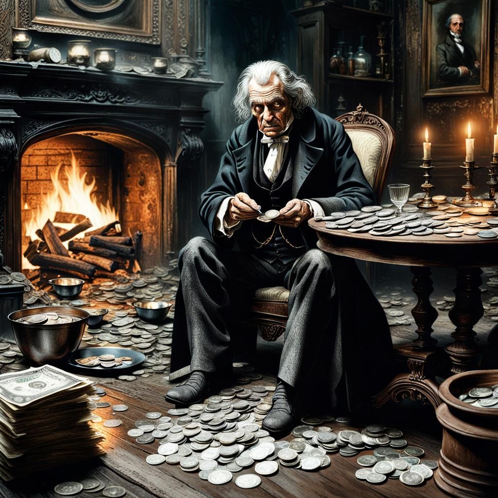 Ebenezer Scrooge count his money coins.