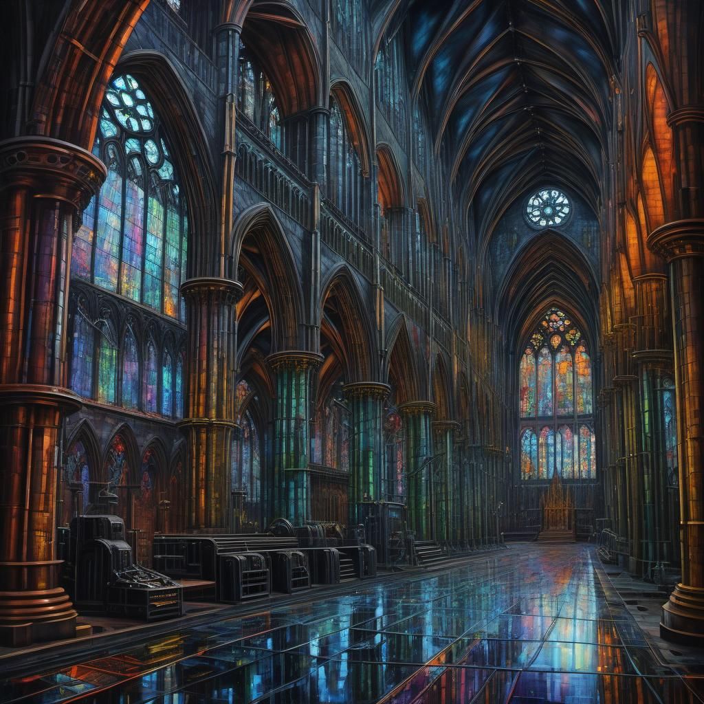 Steampunk Skynet Cathedral: A Vivid Oil Painting