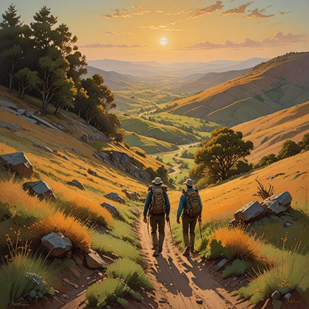 Hikers on a Golden Trail: Impressionist Landscape