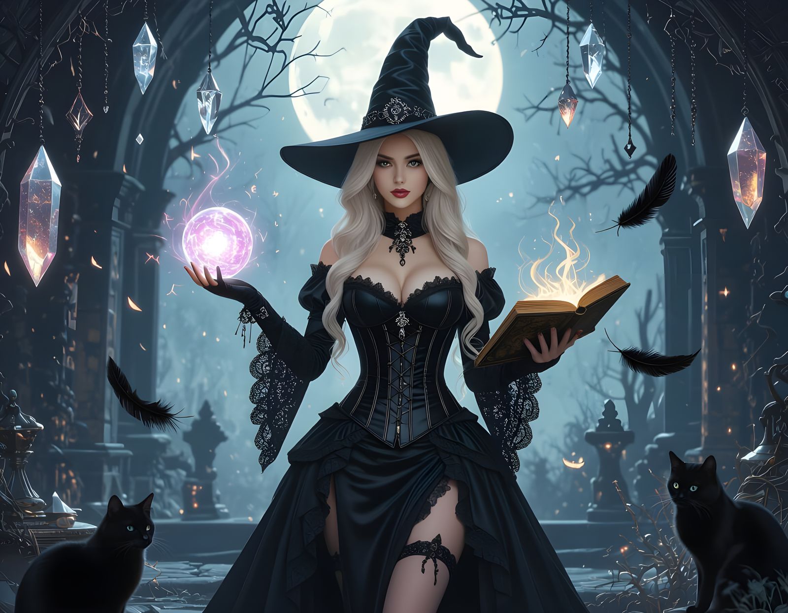 Enigmatic Sorceress in Gothic Chamber, High-Fantasy Art
