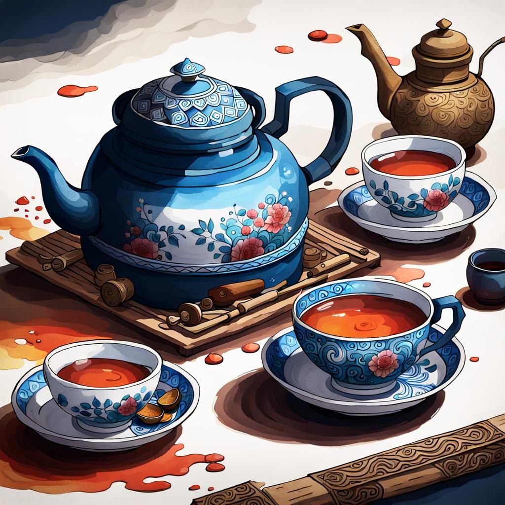 Vibrant Oriental Still Life in Deep Watercolor