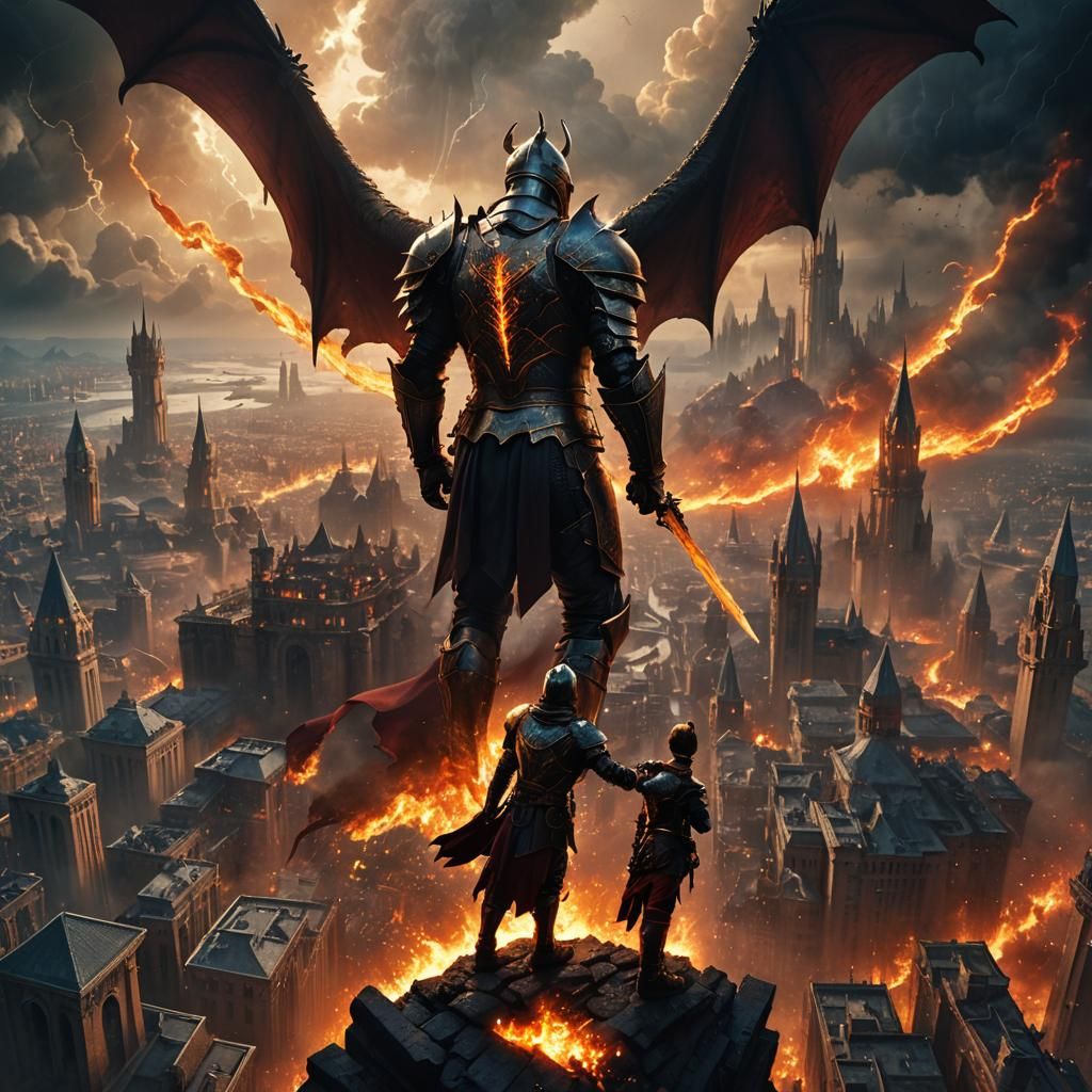 Knight Watches Dragon Storm in Burning Metropolis