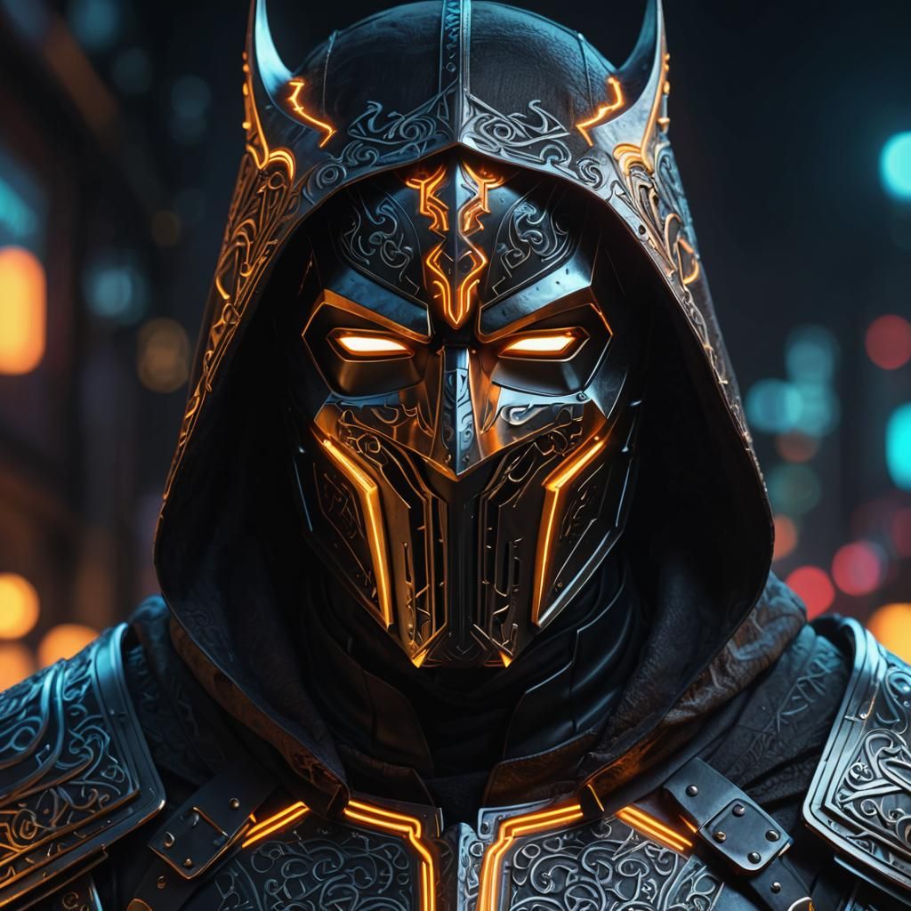 Dark Fantasy Knight in Glowing Neon Mask