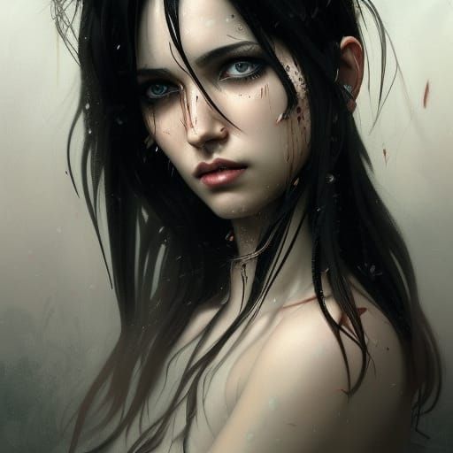 Haunting Portrait with Black Waterfall and Bloody Tears