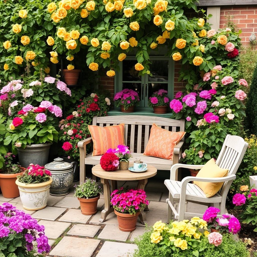 Idyllic Garden Seating in Vibrant Floral Style
