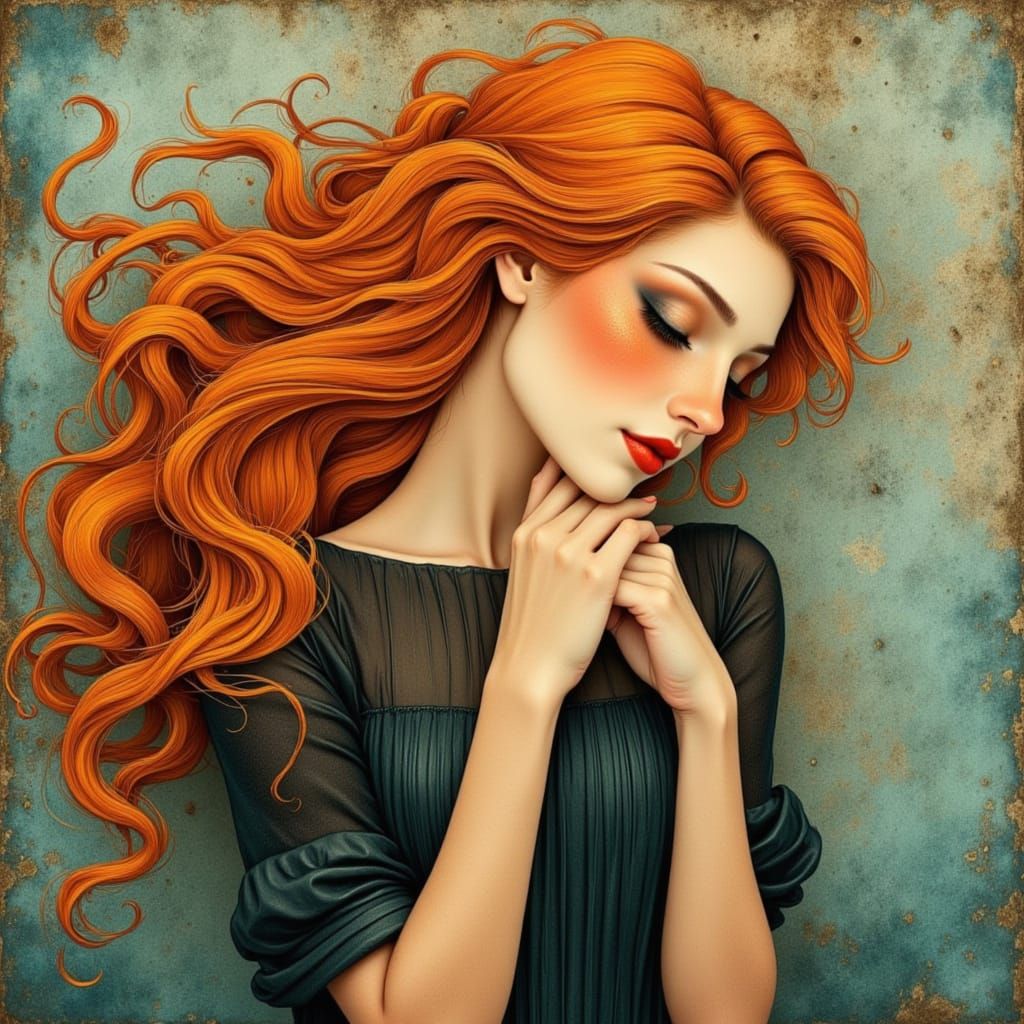Serene Woman Portrait with Flowing Orange Hair in Art Nouvea...