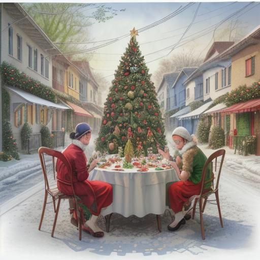 A Christmas table in summer, on the street of a humble villa...