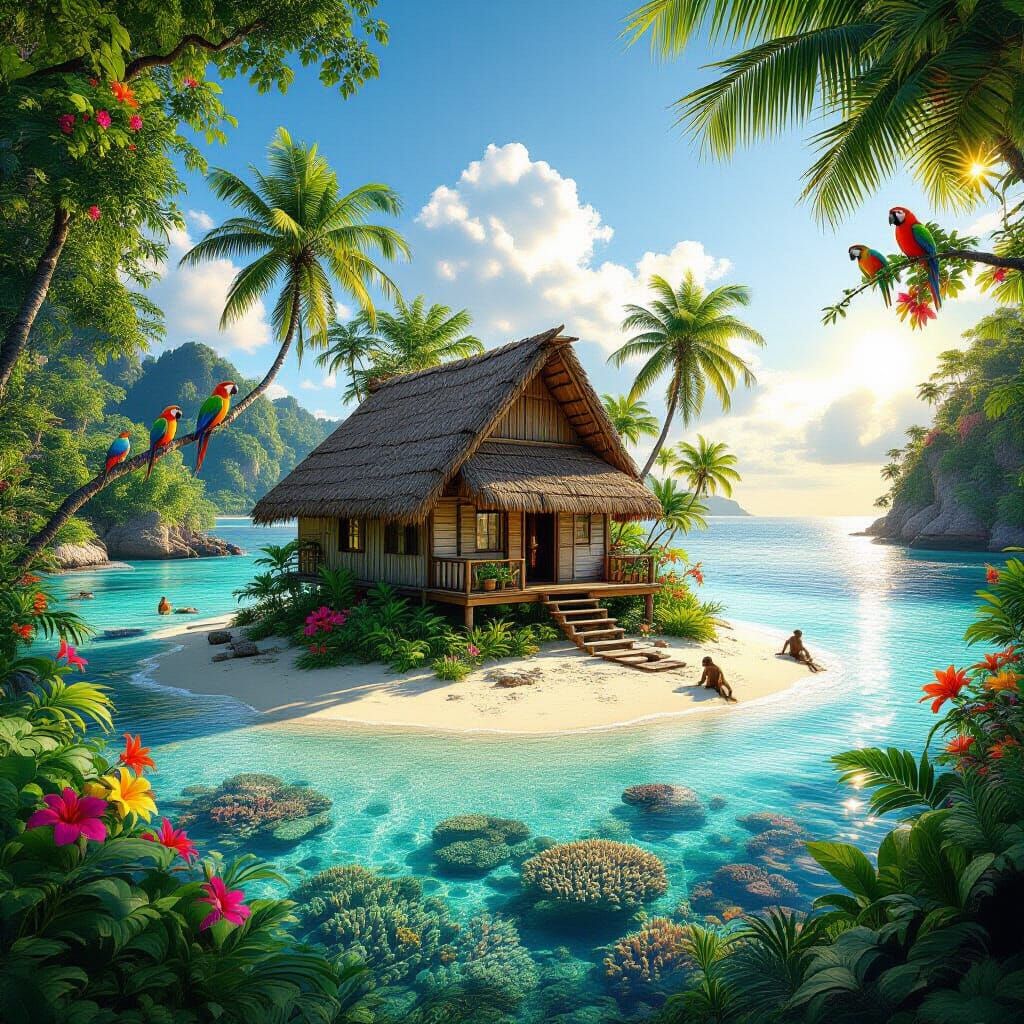 Hyperrealistic Tropical Island Hut with Exotic Wildlife