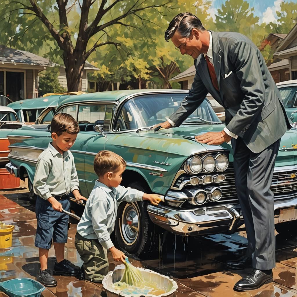Boy and Dad Wash 1959 Chevy Impala in Abstract