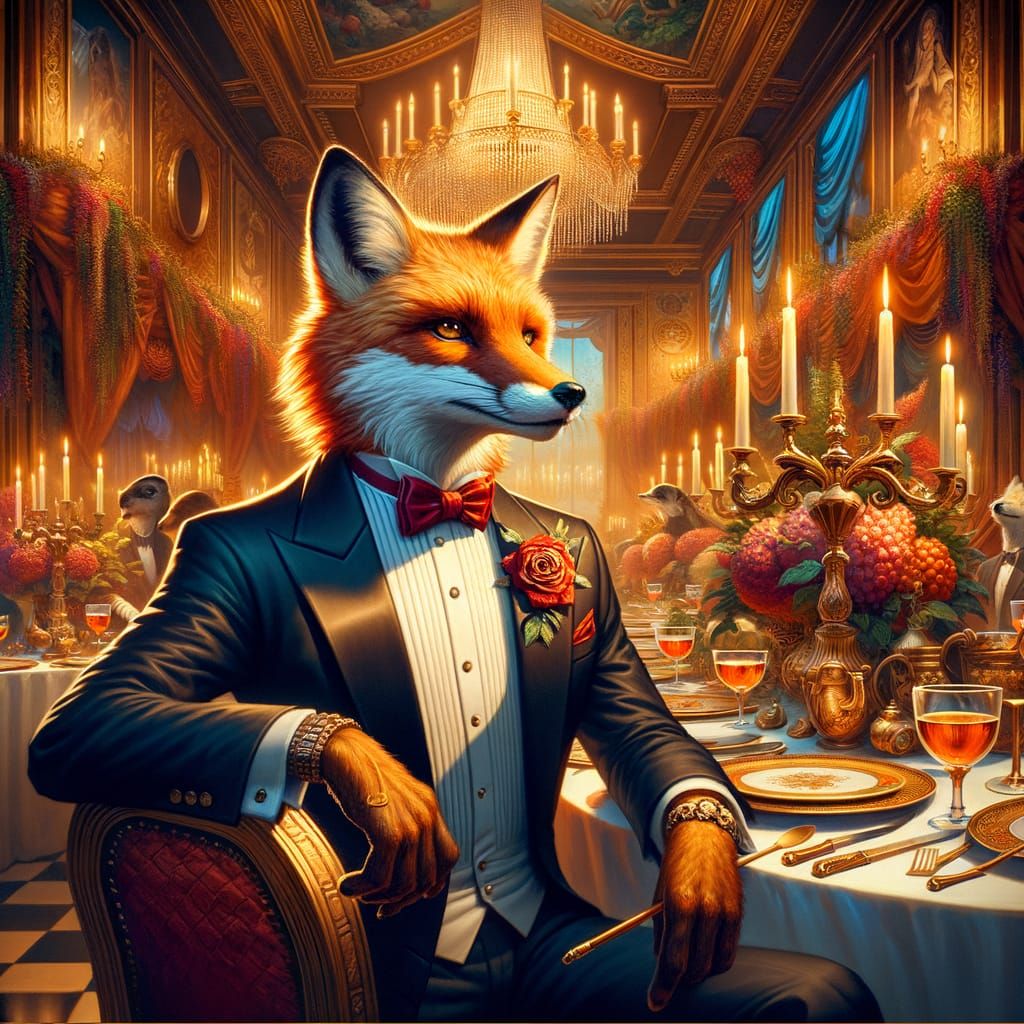 Dapper Fox in Tuxedo at Opulent Fantasy Dinner Party