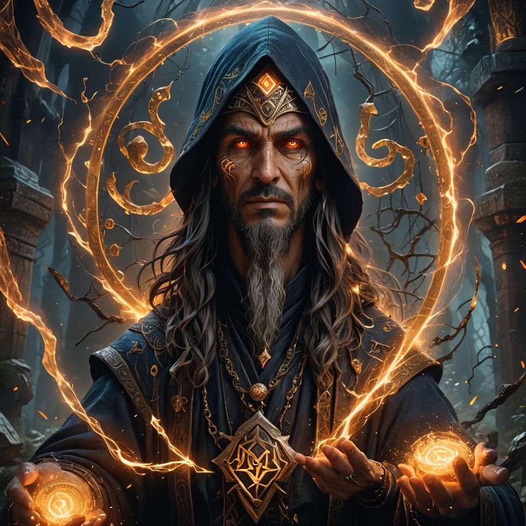 Sorcerer Portrait with Glowing Eyes and Magical Runes