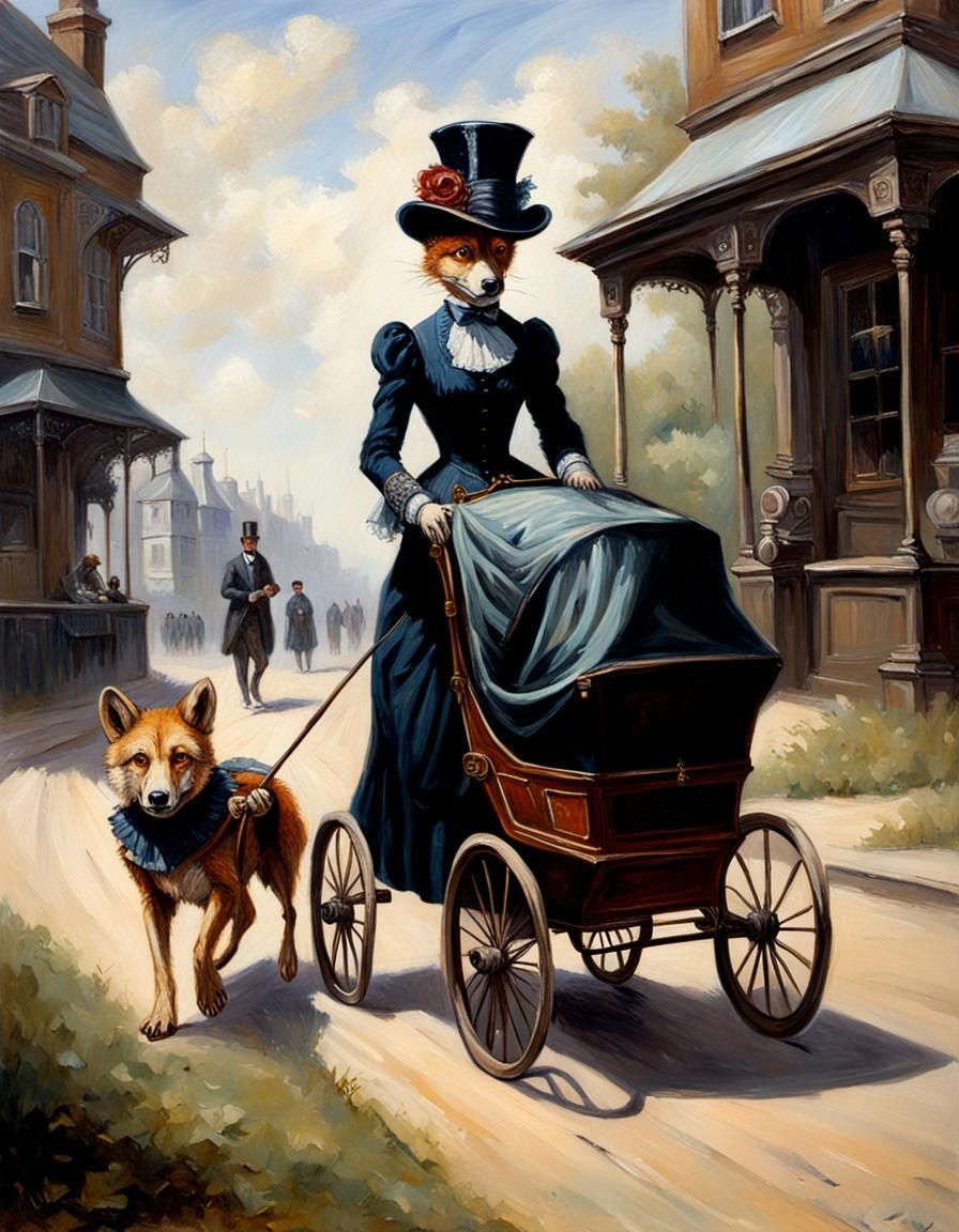 Victorian Dingo Nanny with Perambulator, Oil Painting