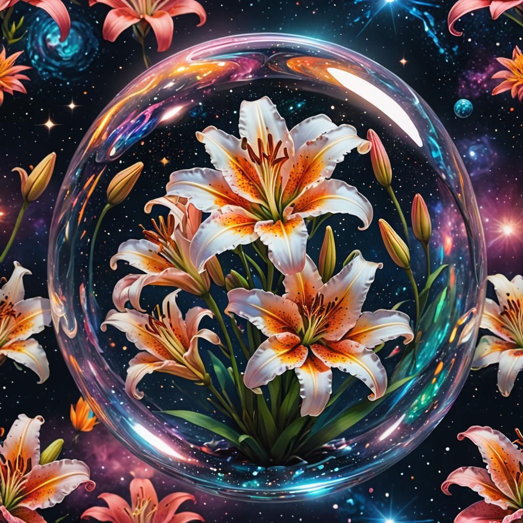 Cosmic Lily in Glass Cylinder, Astral Illustration