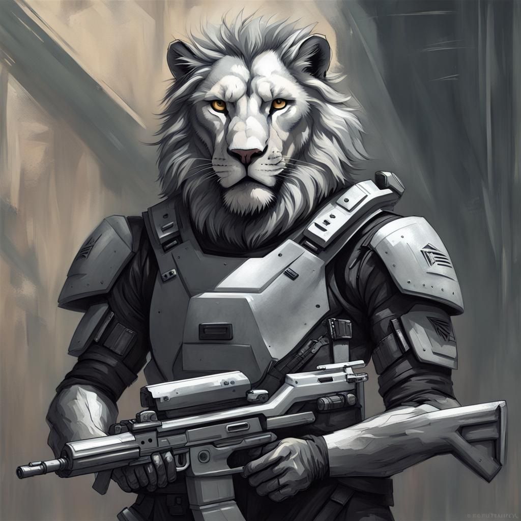 Lion-Soldier Hybrid in Futuristic Armor