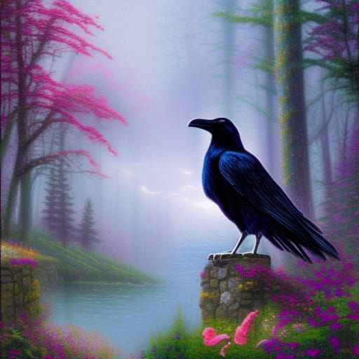 Ethereal Raven in Misty, Hyperdetailed Fantasy Landscape