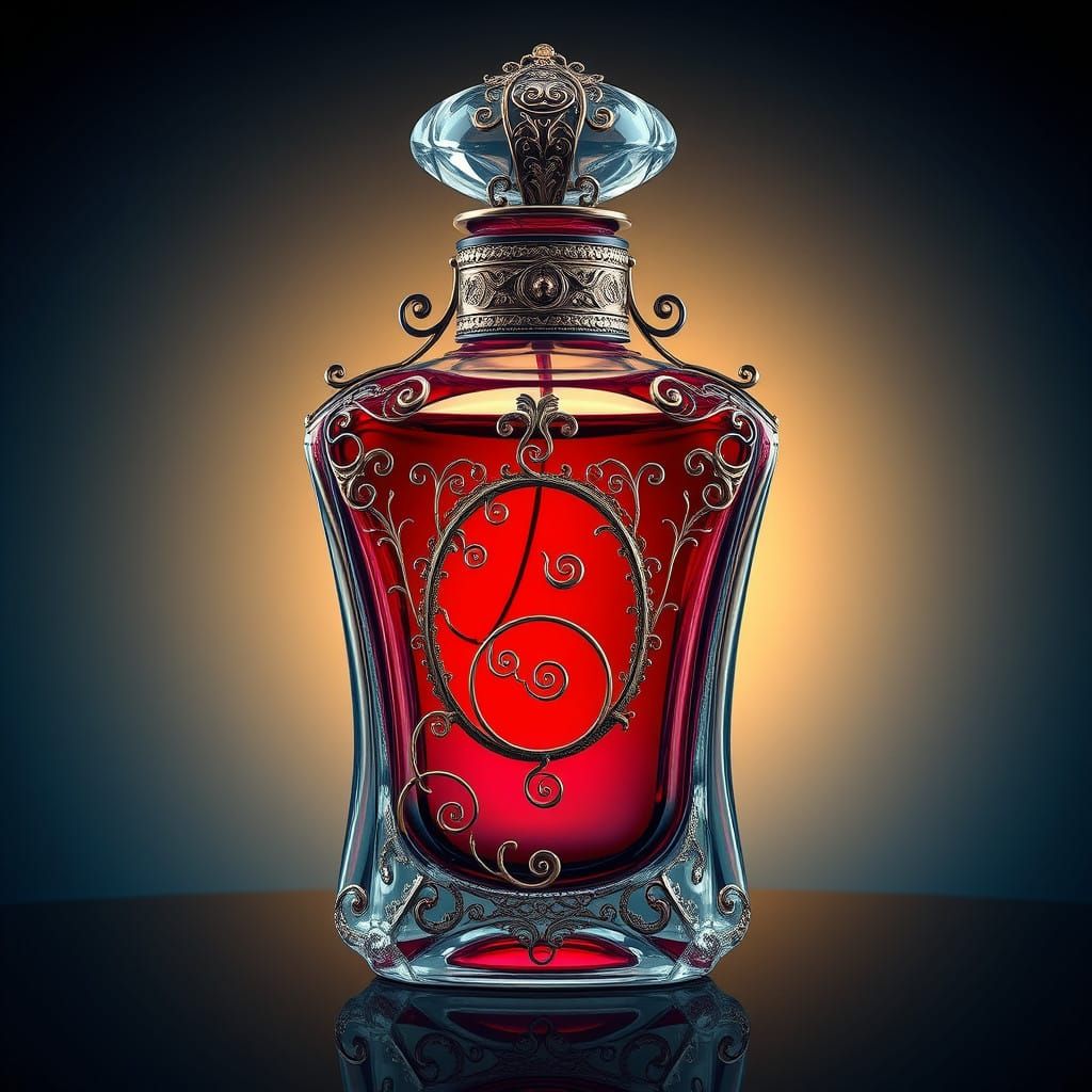 Crimson Perfume Bottle in Ornate, Sci-Fi Luxury Style