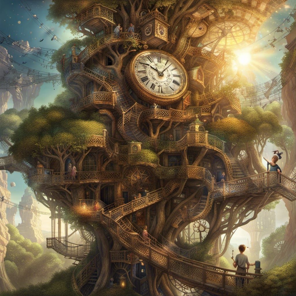 Fractal Clock Treehouse: Photorealistic Musical Dreamscape