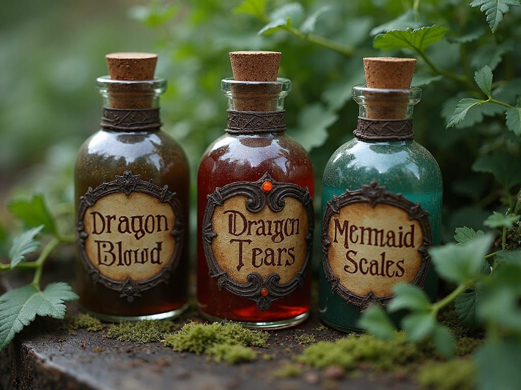 Ornate Potion Bottles with Lush Greenery