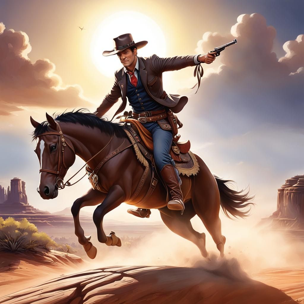 Cowboy Rides Into Sunset on Western Wind