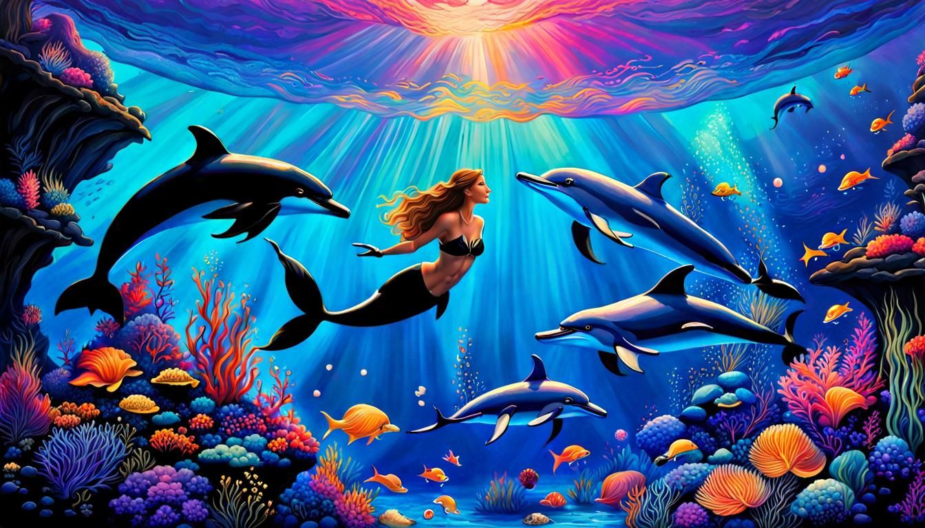 Dolphins and Mermaid in Florescent Black Light Seascape