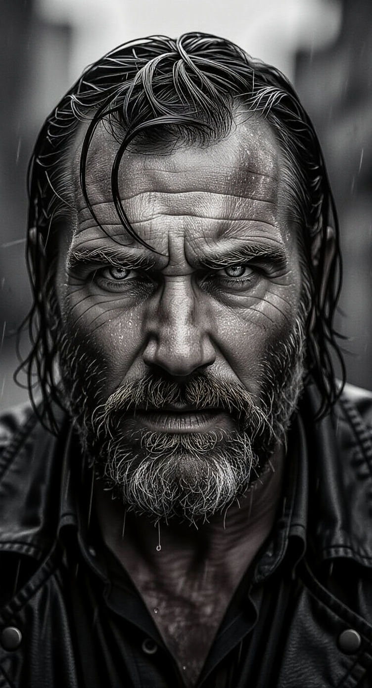 Intense Portrait of Battle-Worn Man in Hyperrealism