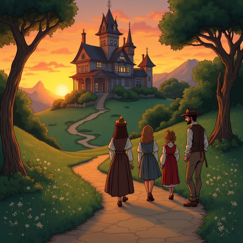 Villagers in Whimsical Cartoons, Escaping a Haunted Mansion ...