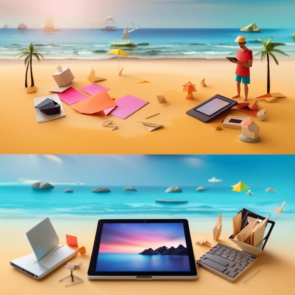 Broken Gadgets on Beach in Origami Style