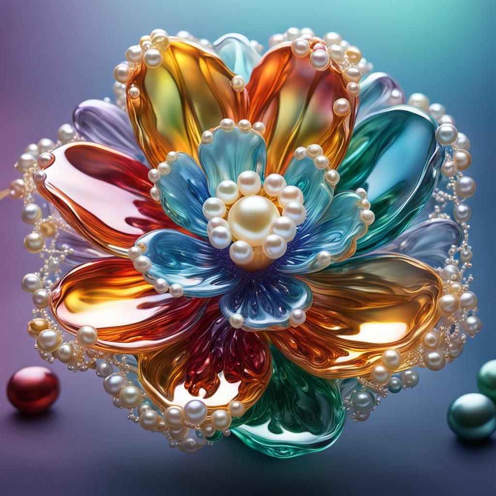 Hyperrealistic Glass Flower with Pearls in Splash Art Style