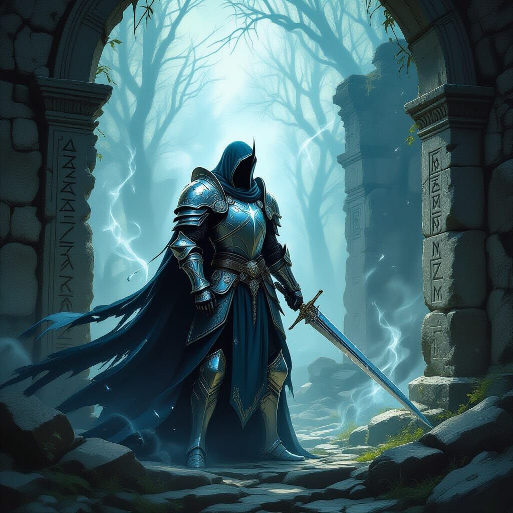 Ethereal Knight Guards Ruin in Enchanted Forest Concept Art