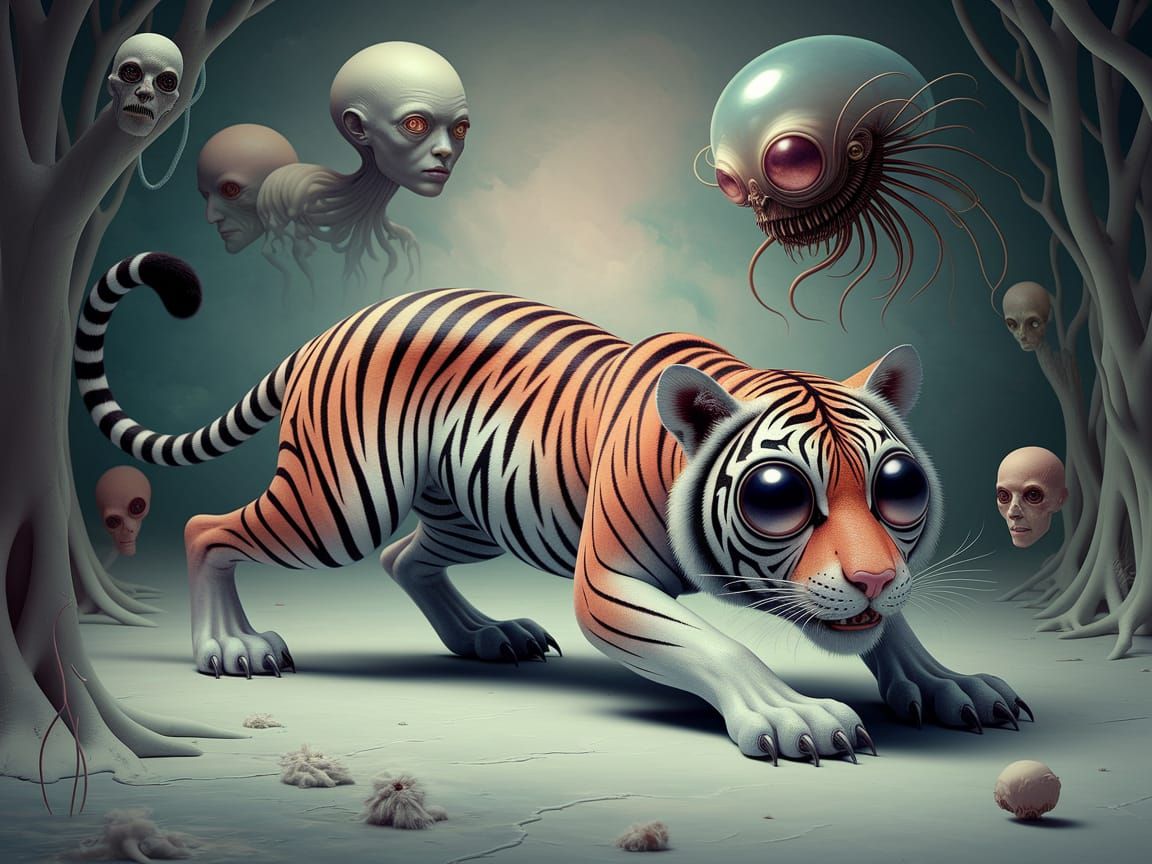 Surreal Tiger Landscape with Alien Insect Elements
