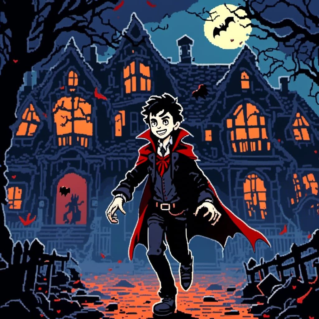 Young Vampire in Haunted House with Cobwebs