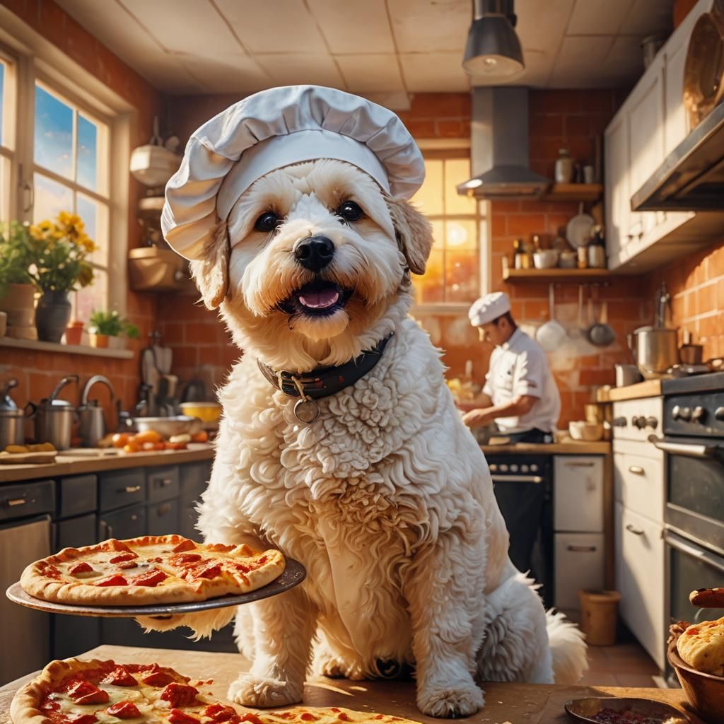 Bishon Frise Chef Offers Pizza: Oil Painting