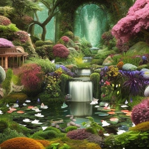 Hyperrealistic Fairytale Garden with Water Feature
