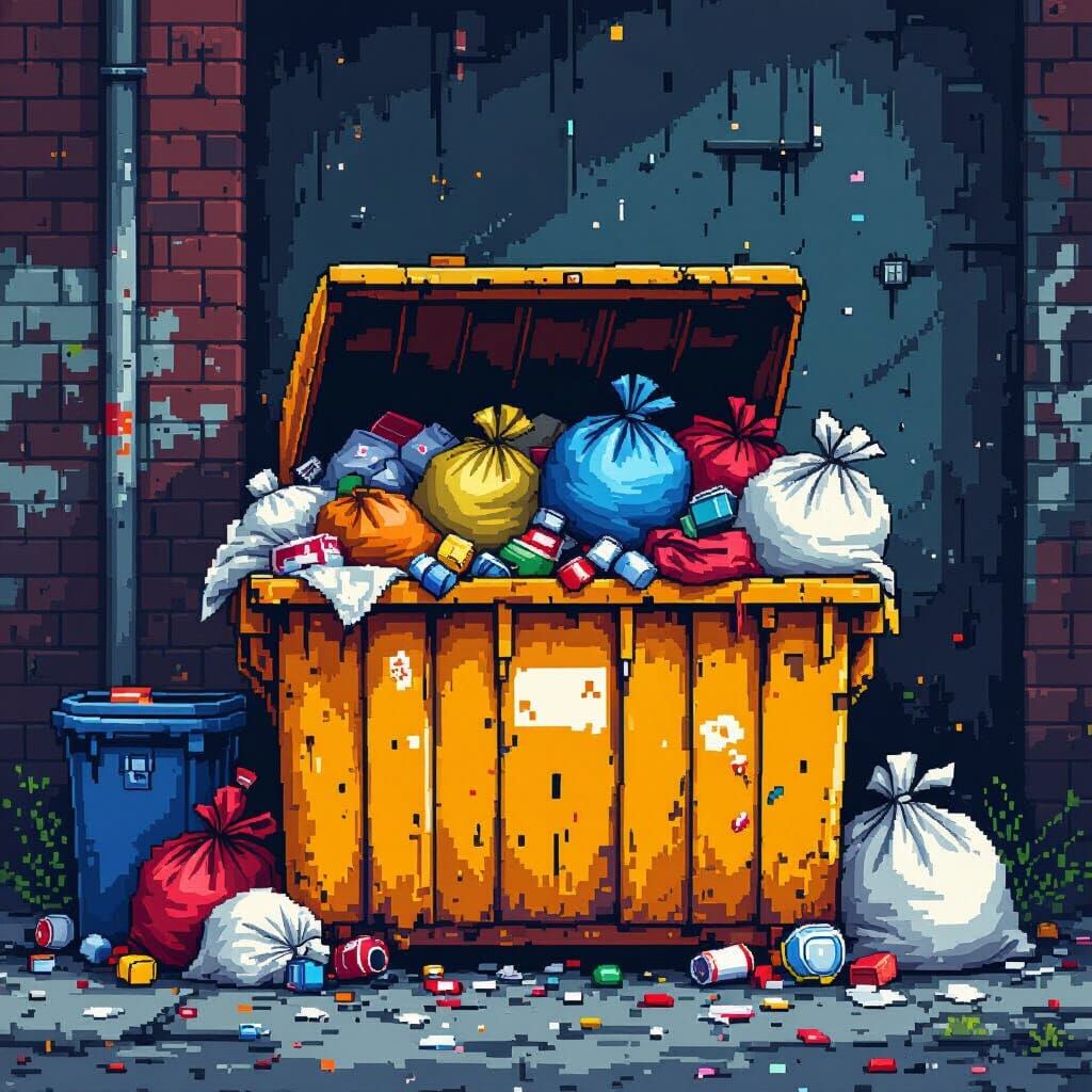 Overflowing Dumpster in Vibrant Pixel Art Style