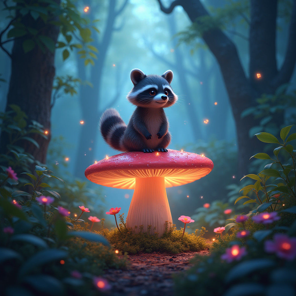Mystical Raccoon on Glowing Mushroom, Fantasy Art