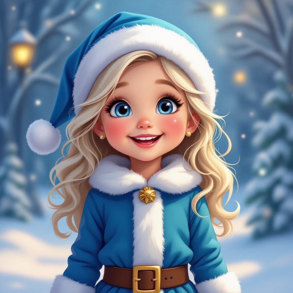 Laughing Girl in Blue Santa Outfit Amidst Cheerful Winter