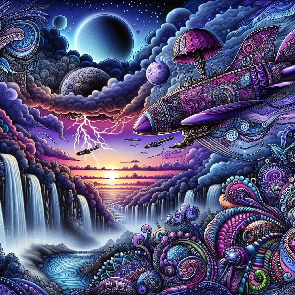 Whimsical Purple Airship in a Cosmic Dawn Landscape