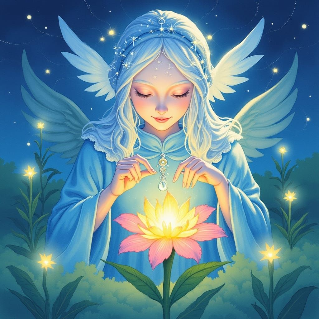 Celestial Being Touches Dewdrop on Mystical Flower in Waterc...