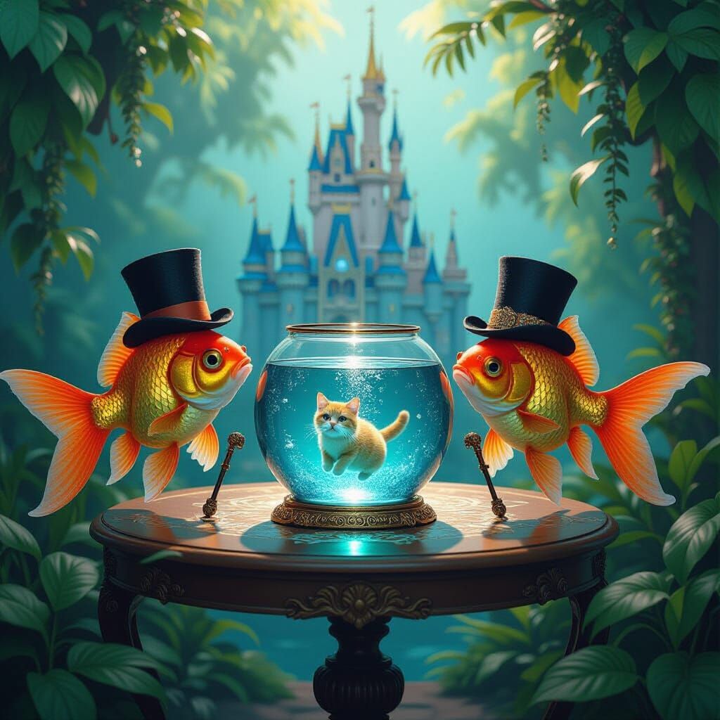 Goldfish Tea Party with Swimming Cat, Digital Art