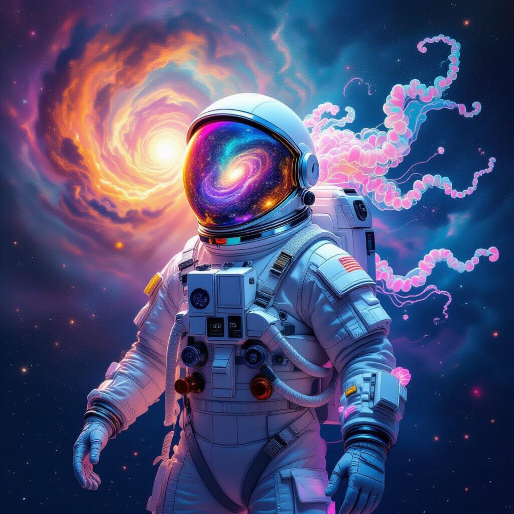 Astronaut in Bioluminescent Costume Amidst Cosmic Surrealism