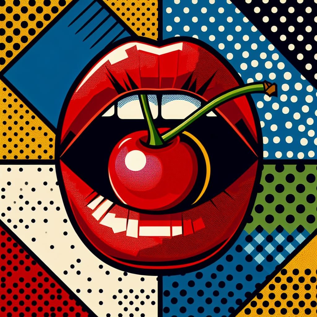 Pop Art Lips Biting Cherry in Triadic Colors